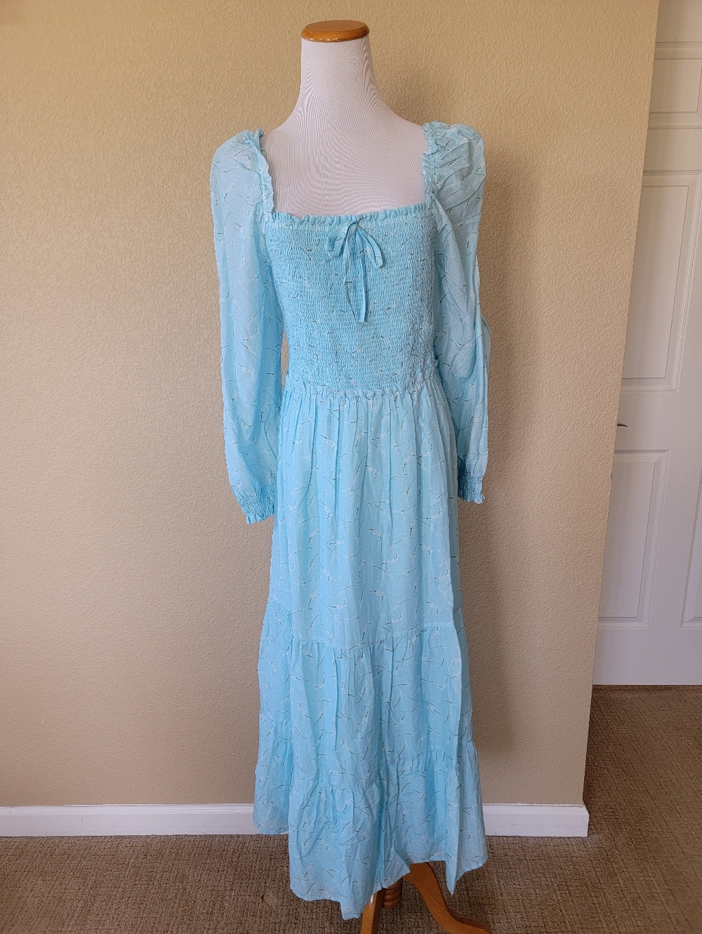 Vineyard Vibes Light Blue Smocked Maxi Dress with Long Sleeves, Size L